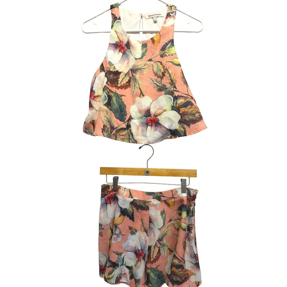 Jealous Tomato Floral Two Piece Set Peach Crop Top and Shorts READ
